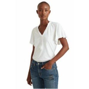 RALPH LAUREN Womens White Ruffled Short Sleeve V Neck Top XL